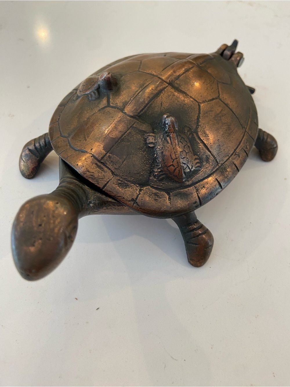 Brass Turtle Tortoise Trinket Box Flip Up Lid Decor Vintage 1970’s 7”